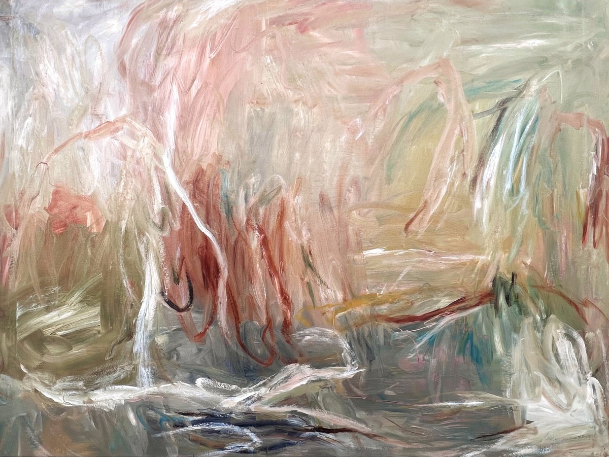 Expressive Abstract Oil Painting By Claudia Trongmo, 52 X 38, Sunrise Over The Lake, Original Artwork