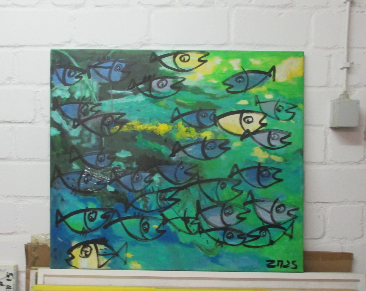 Expressive Animal Acrylic Painting By Sonja Zeltner-Muller, 31 X 28", Blue Fishes Jumping, Original Artwork