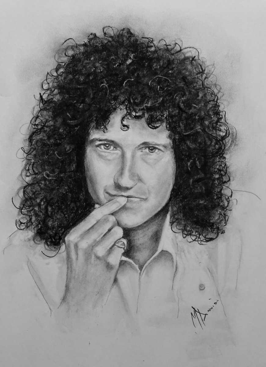 Photorealistic Portrait Charcoal Drawing By Mel Davies Original Art, 12 X 17", Brian May, Original Artwork