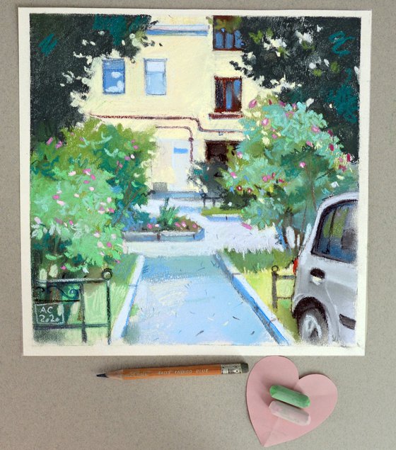 Wrong parking. Soft pastel painting.