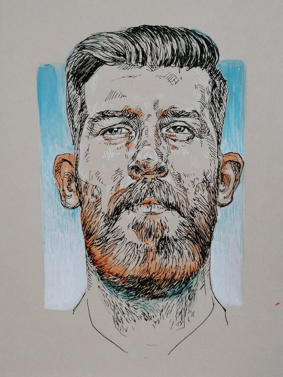 Hipster portrait. Ink portrait drawing