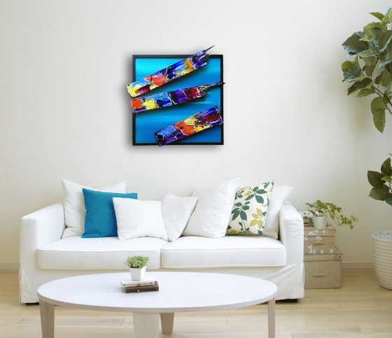 "Find Your Blue Skies" - Original PMS Mixed Media Painting On Canvas, Framed - 20 x 20.5 inches