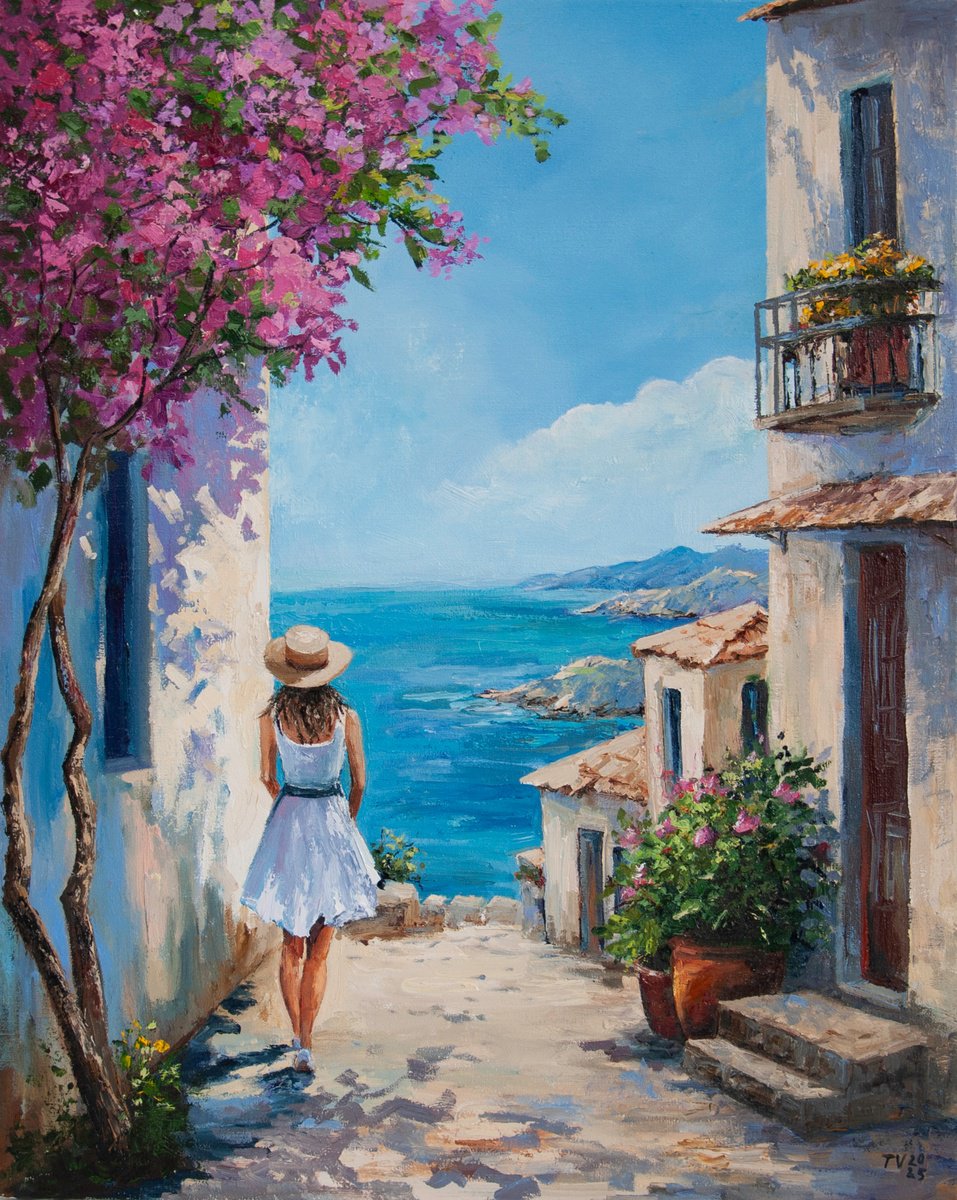 Impressionistic Landscape Oil Painting By Tetiana Vysochynska, 16 X 20", Girl And Sea, Original Artwork