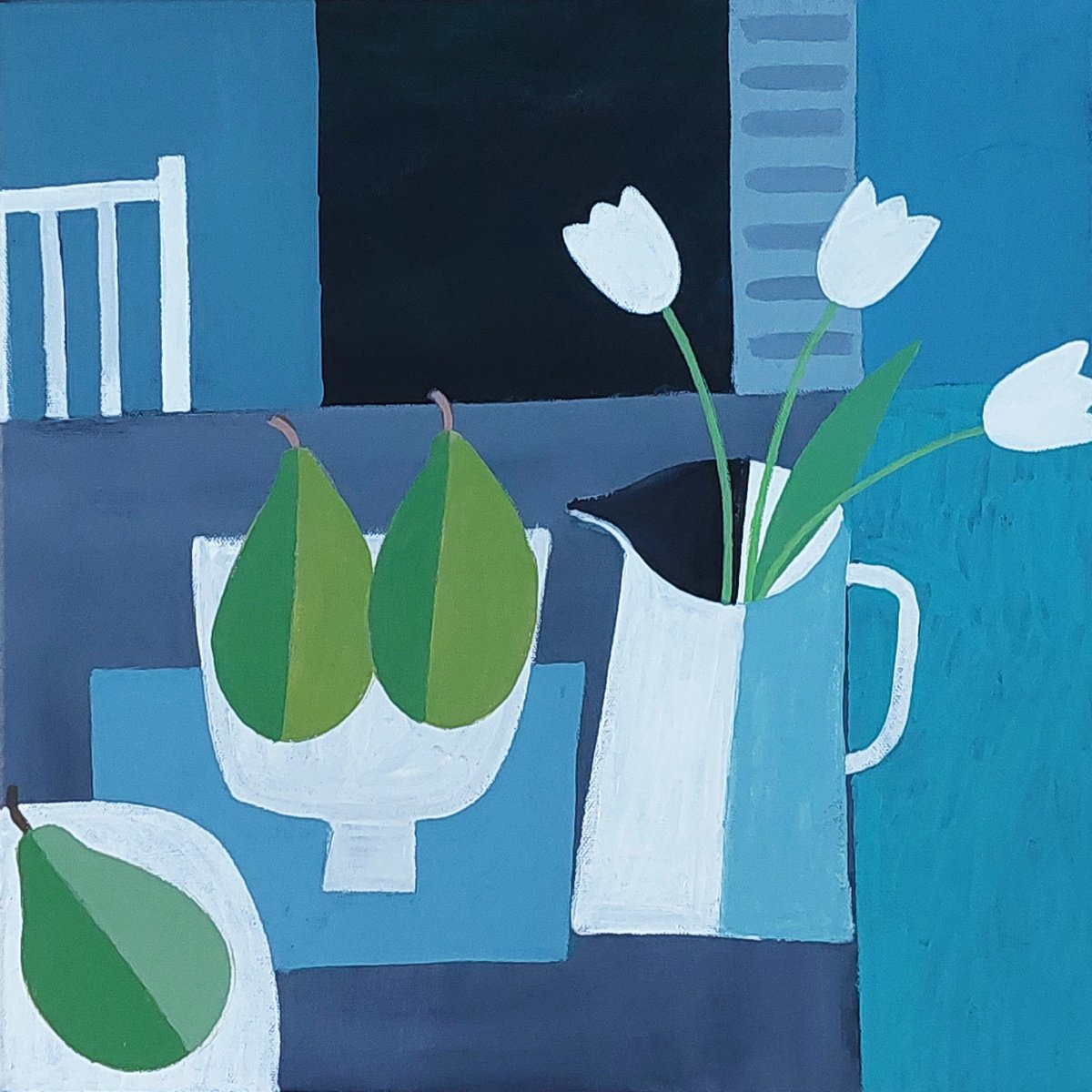 Naive Acrylic Painting , Three White Tulips By Jan Rippingham, 16 X 16, Artwork For Sale On Artfinder