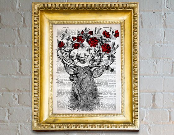 Deer Antler Flowers - Collage Art Print on Large Real English Dictionary Vintage Book Page