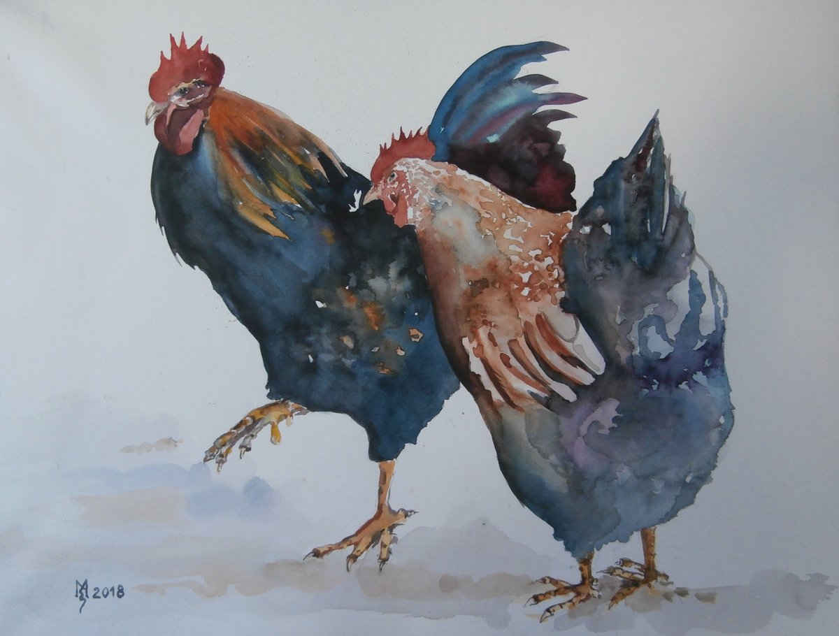 Impressionistic Animal Watercolour By Zoran Mihajlovic Muza, 17 X 13", Courting, Original Artwork
