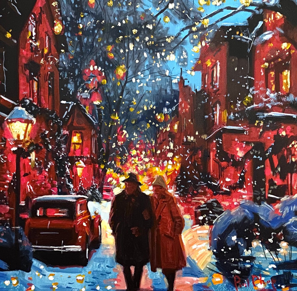 Impressionistic Cityscapes Acrylic Painting By Paul Cheng, 24 X 24", Warmth In A Snowy Night, Original Artwork