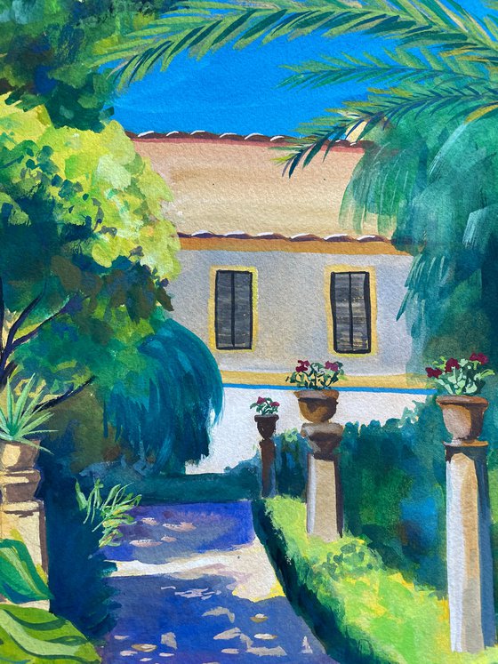 Garden Original Gouache Painting, Plants Illustration, Europe Wall Art, Spain Artwork, Travel Gift, Green Home Decor