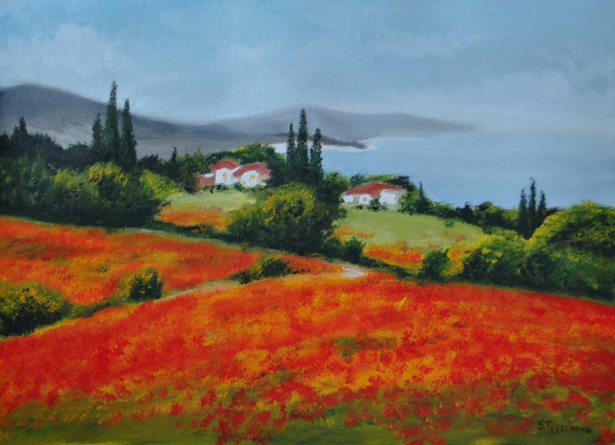 Landscape With Poppies By Simona Tsvetkova, 22 X 16, Artwork For Sale On Artfinder