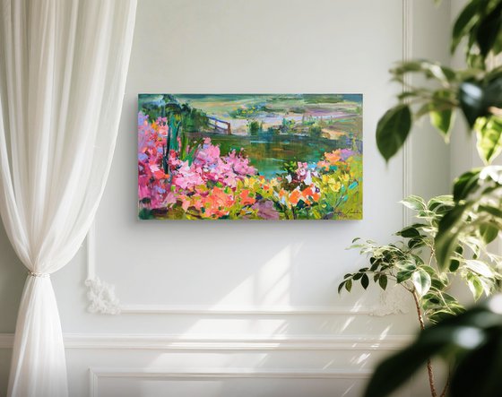 Summer impressions . Azalea and lake