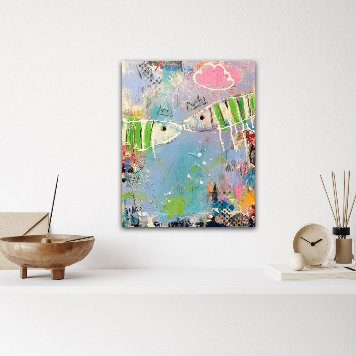 Abstract Animal Acrylic Painting By Bea Schubert, 16 X 20, Fishes In Love No.7, Original Artwork