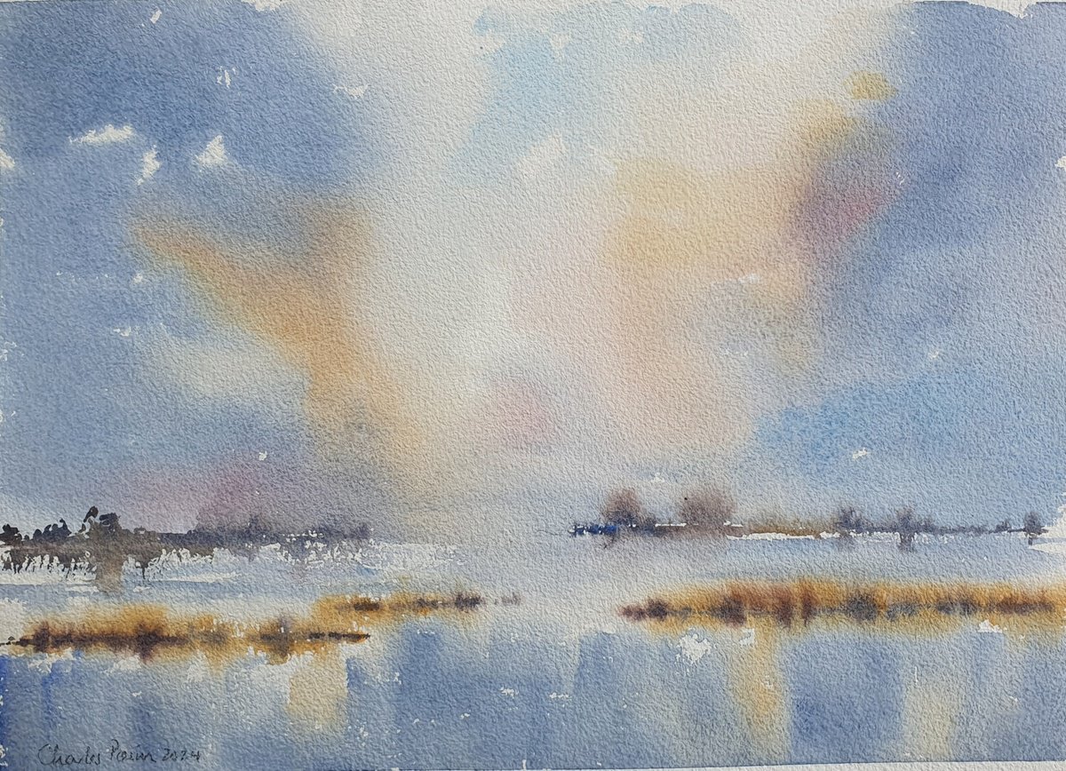 Impressionistic Watercolour , Marsh , Lake And Sky By Charles Pierson, 15 X 11, Artwork For Sale On Artfinder