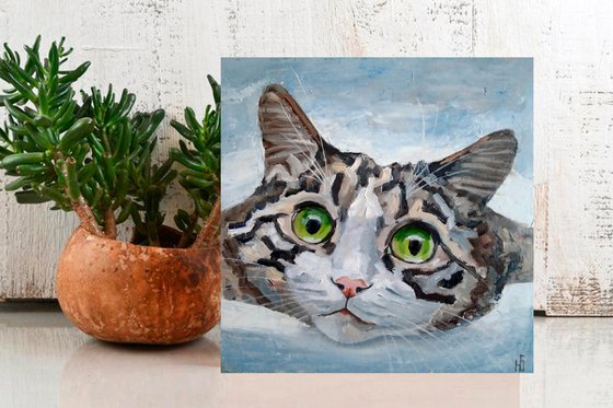 Tabby Cat Painting Pet Original Art Grey Cat Portrait Artwork Funny Animal Wall Art