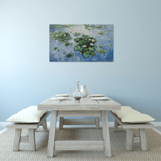 White Water Lilies - Large Original Oil painting 120 x 70 cm