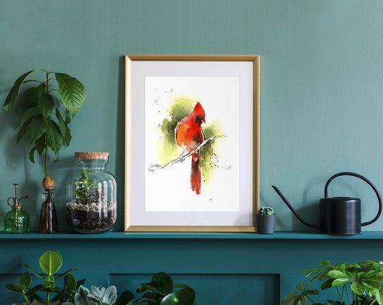 Northern Cardinal Bird Watercolor Painting