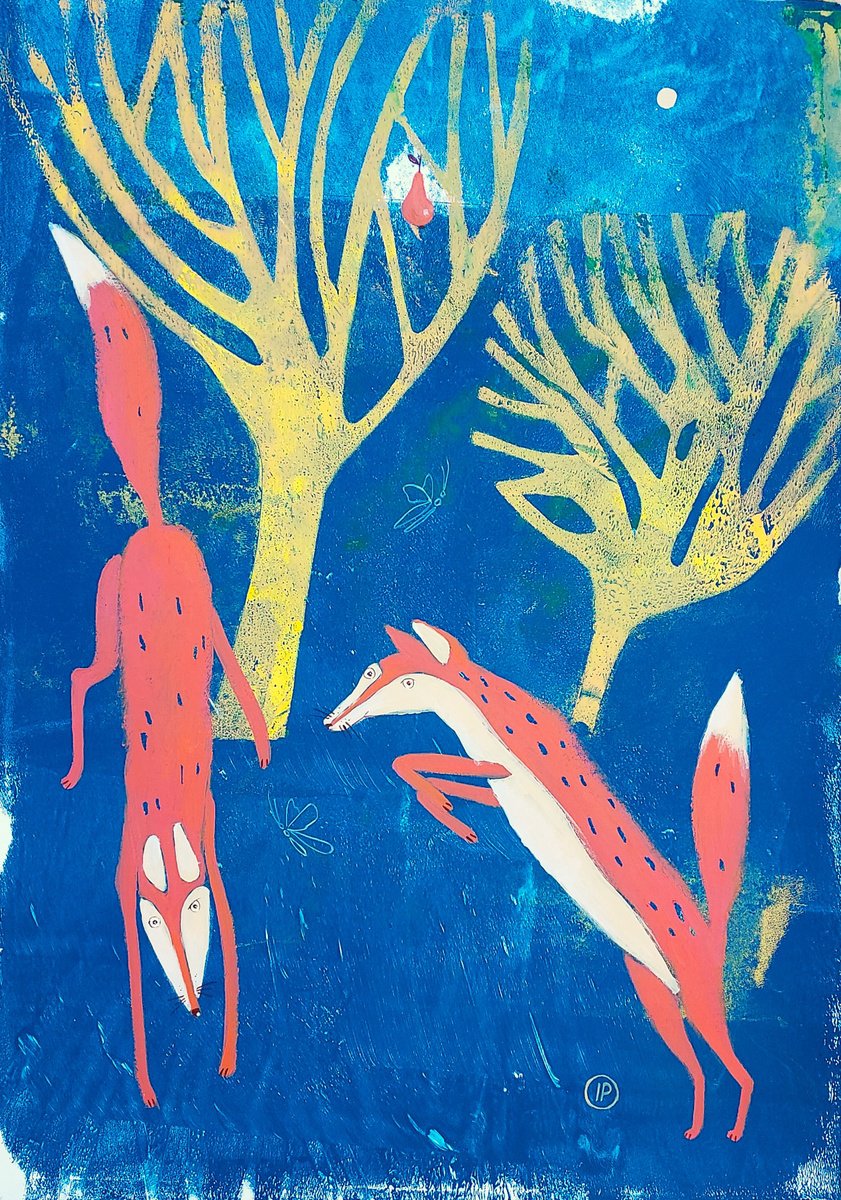 Impressionistic Animal Acrylic Painting By Irina Plaksina, 12 X 17, Fox Games, Original Artwork