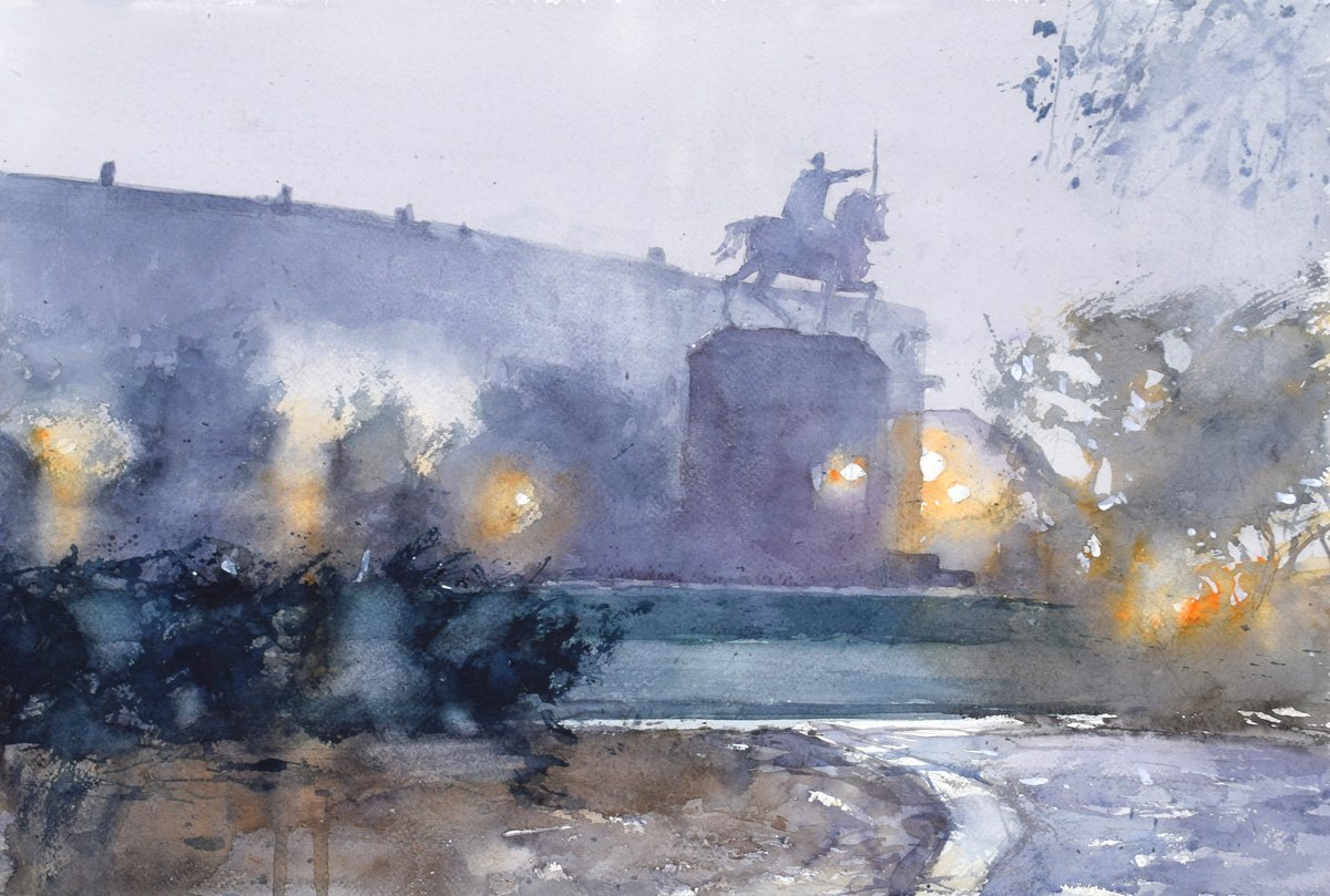 Impressionistic Cityscapes Watercolour By Goran Zigolic Watercolors, 22 X 15, Misty Morning (Tomislavac), Original Artwork