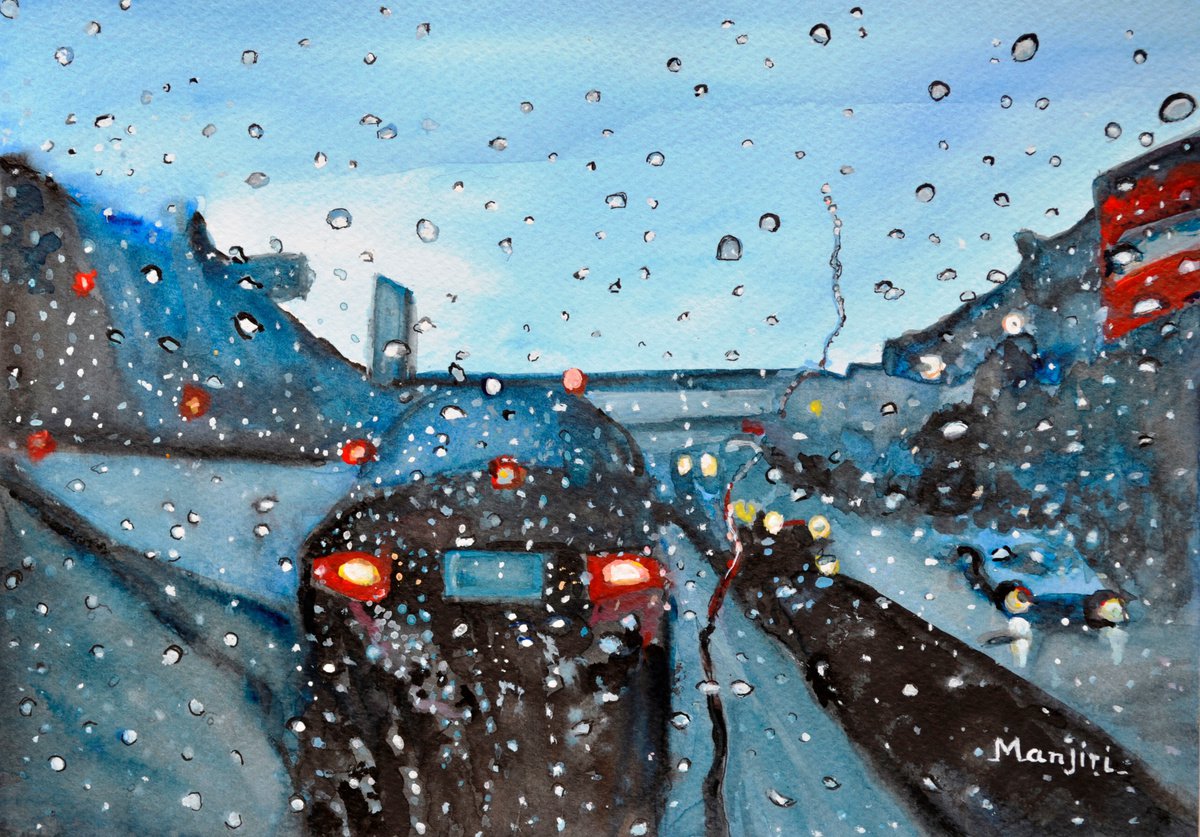 Long drive on Highway romantic rainy painting by Manjiri Kanvinde