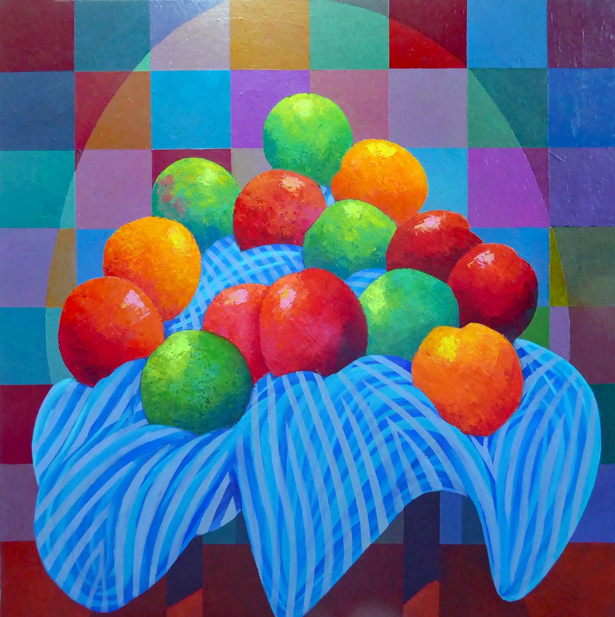 Abstract Still Life Acrylic Painting By Stephen Conroy, 31 X 31", Pyramid Of Fruits, Original Artwork