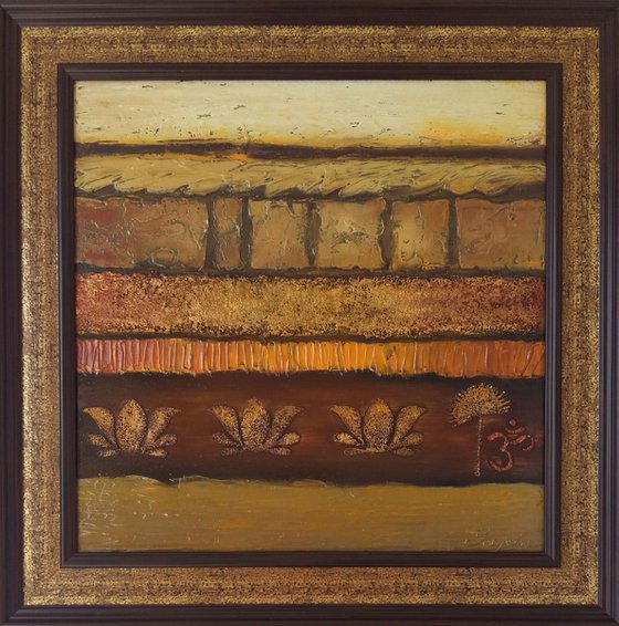 Abstract painting Life flowers, 66×66 cm, original painting, FREE SHIPPING, brown / gold