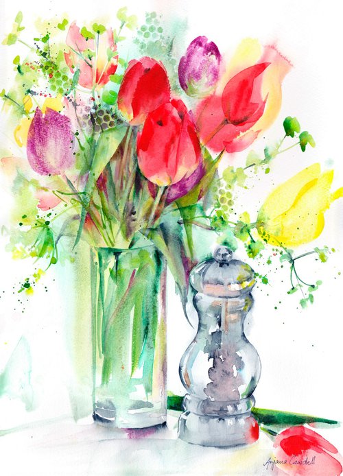 Tulips and peppercorn, Tulips in vase, Spring Floral Art, Still life by Anjana Cawdell