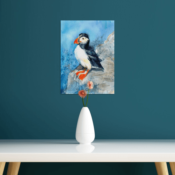 Puffin painting, Puffin in Sea Spray, Puffin in watercolour, Original Watercolour Bird painting, Puffin Art