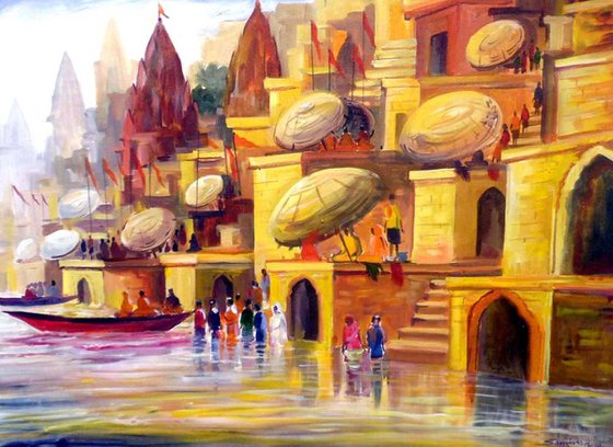 Varanasi Ghat at Morning-Acrylic on Canvas painting