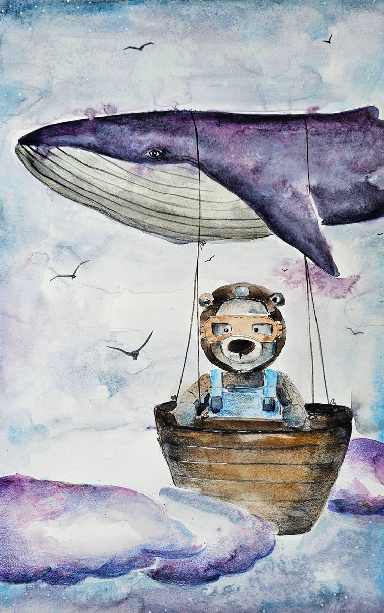 Surrealistic Animal Watercolour By Evgenia Smirnova, 15 X 22, Teddy Bear In The Airbaloon, Original Artwork