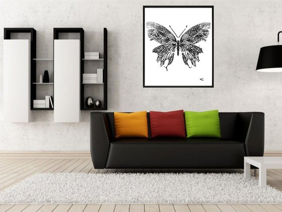 Butterly, Black and White, Framed Artwork, 16 x20 inches,