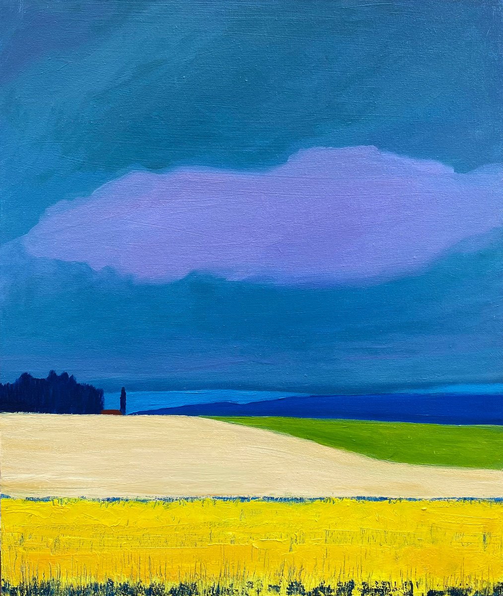 Impressionistic Landscape Oil Painting By Olga Gamy, 15 X 18", "Purple Rain", Original Artwork