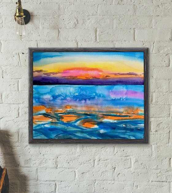 Seascape Watercolor Painting, Sea Ocean Wall Art, Sunset Large Original Painting, Coastal Home Decor