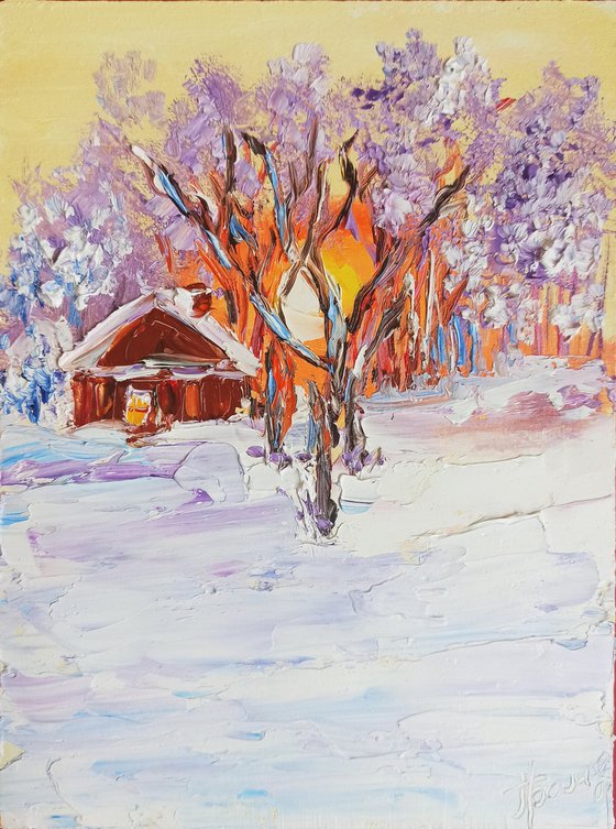 House in the winter forest at sunset Painting