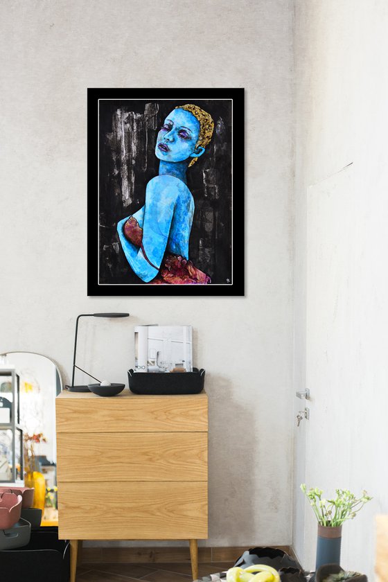 Blue Girl - Vibrations Mixed Media Original Romantic Modern Portrait Art Painting