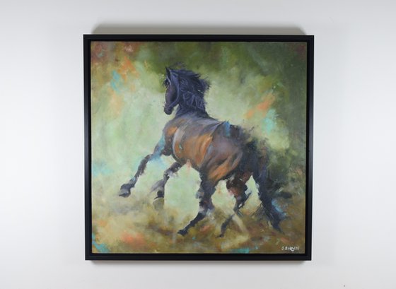 Expressive Horse painting, Framed oil on board, 24" x 24"