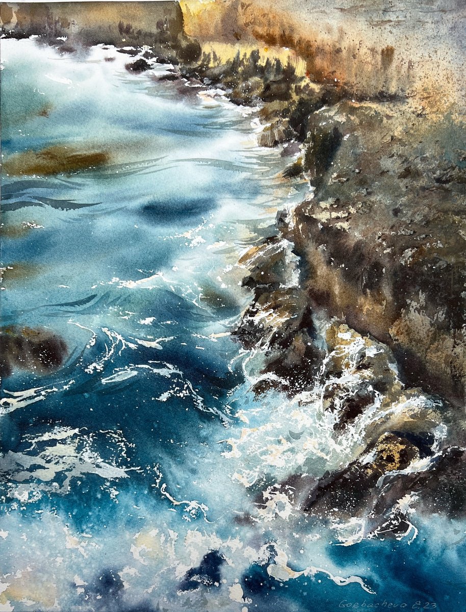 Impressionistic Landscape Watercolour By Eugenia Gorbacheva, 12 X 16, Waves And Rocks #16, Original Artwork