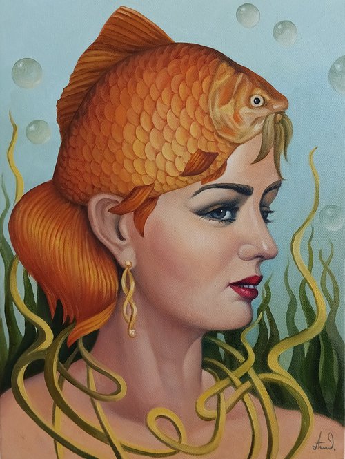 The golden fish 30x40cm, oil painting, surrealistic artwork by Artush Voskanian