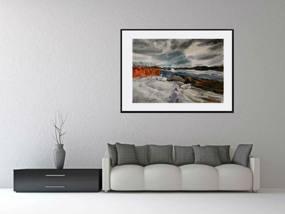 Winter river, large watercolor 98x68 cm