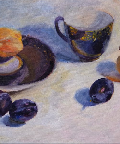 Plums and a Blue Cup by Maria Stockdale