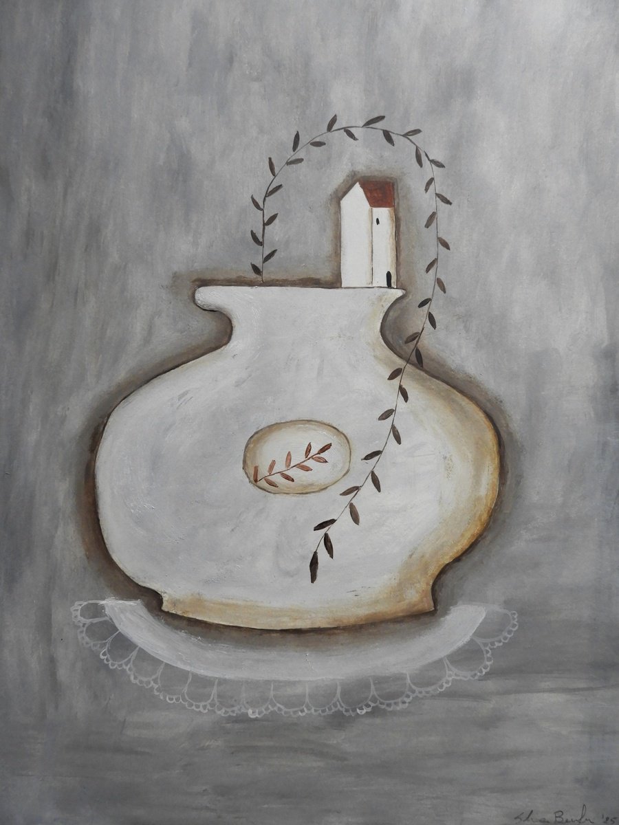 Illustrative Oil Painting , The Plant Vase By Silvia Beneforti, 12 X 17, Artwork For Sale On Artfinder