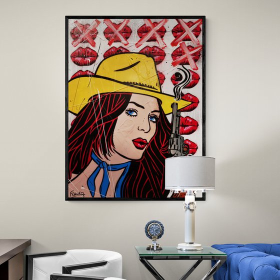 Pucker Up Cowboy 75cm x 100cm Cowgirl Textured Urban Pop Art