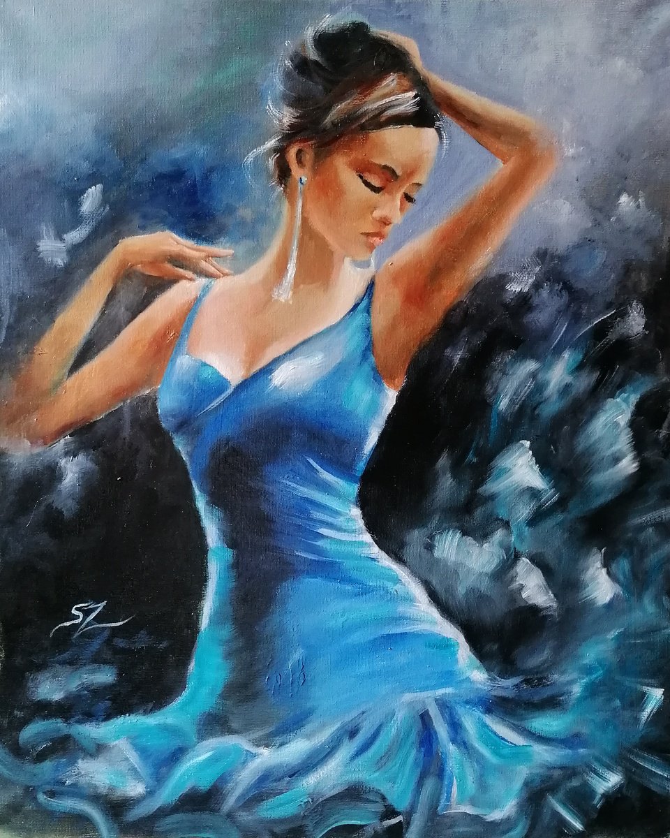 Impressionistic Portrait Oil Painting By Susana Z. Harris, 16 X 20", Flamenco Dancer 247, Original Artwork