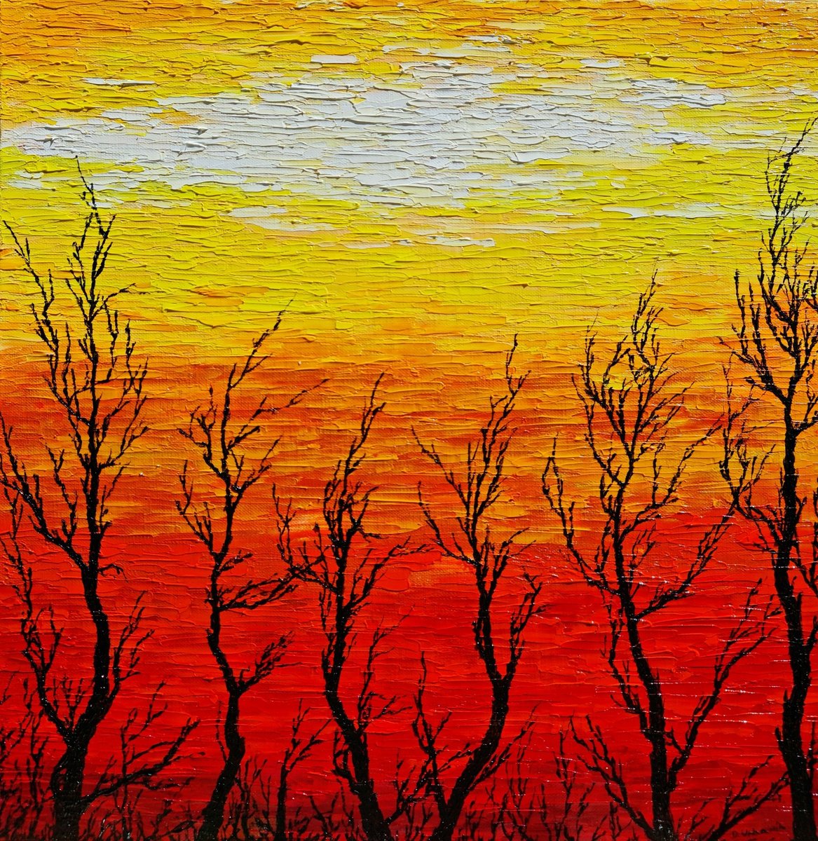 Impressionistic Landscape Oil Painting By Daniel Urbani?k, 16 X 16, Sunny Trees, Original Artwork