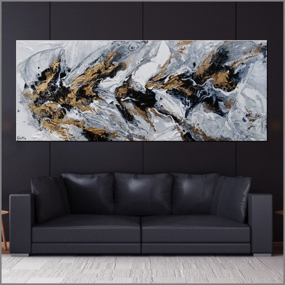 Golden Crunch 200cm x 80cm Grey White Gold Textured Abstract Art