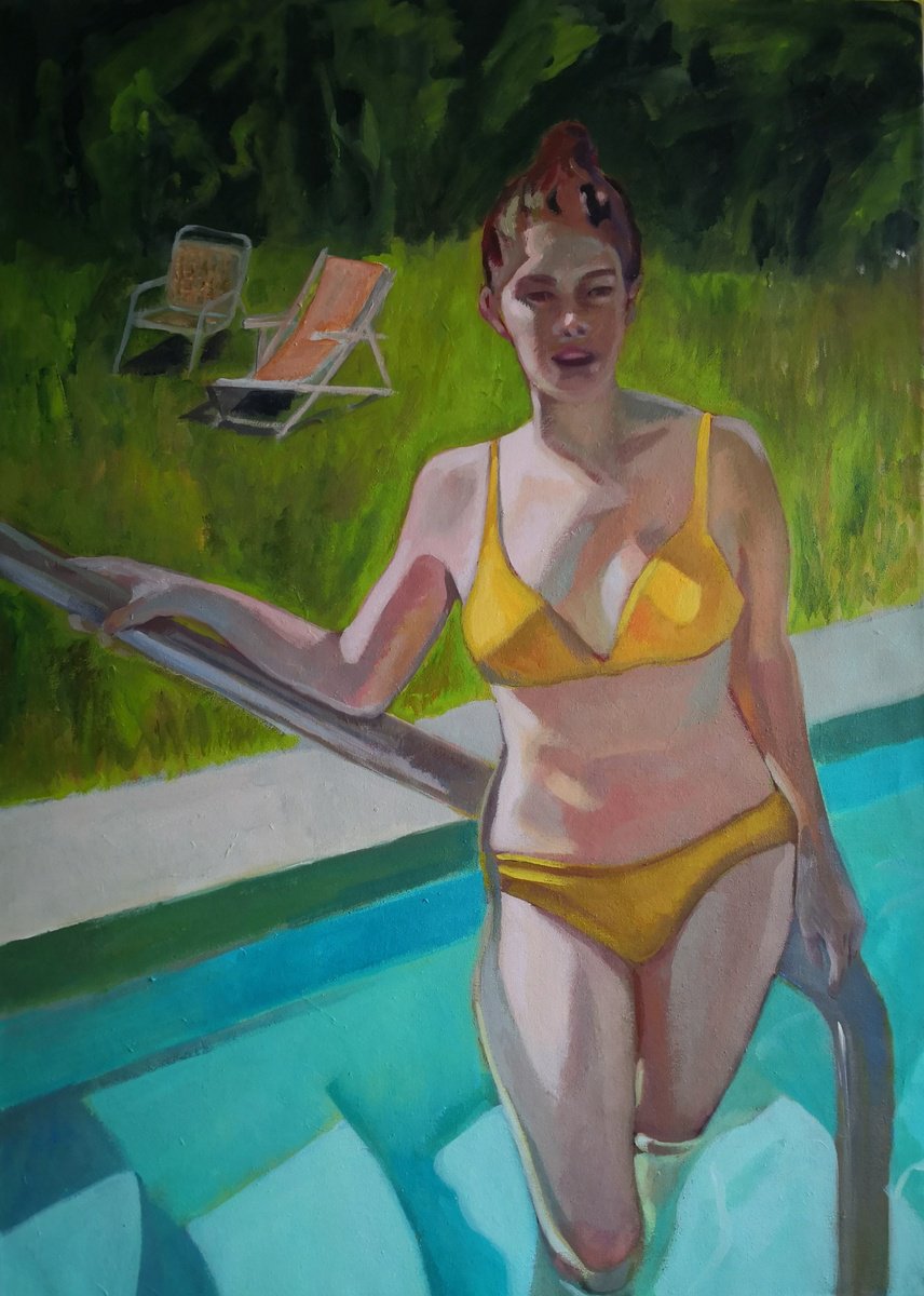 Expressive Portrait Acrylic Painting By Anyck Alvarez Kerloch, 26 X 36, Yellow Bikini, Original Artwork