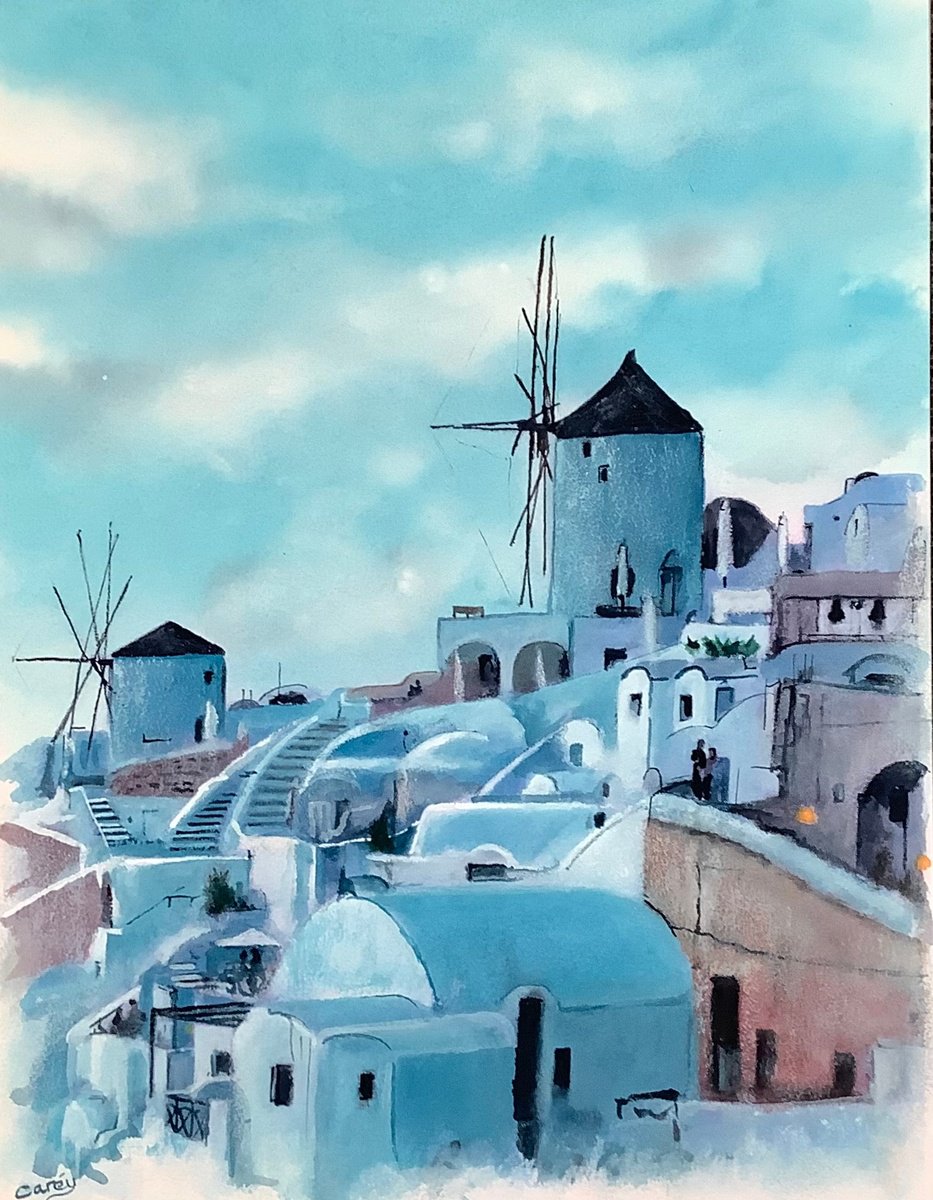 Impressionistic Landscape Watercolour By Darren Carey, 11 X 15, Santorini Greece, Original Artwork