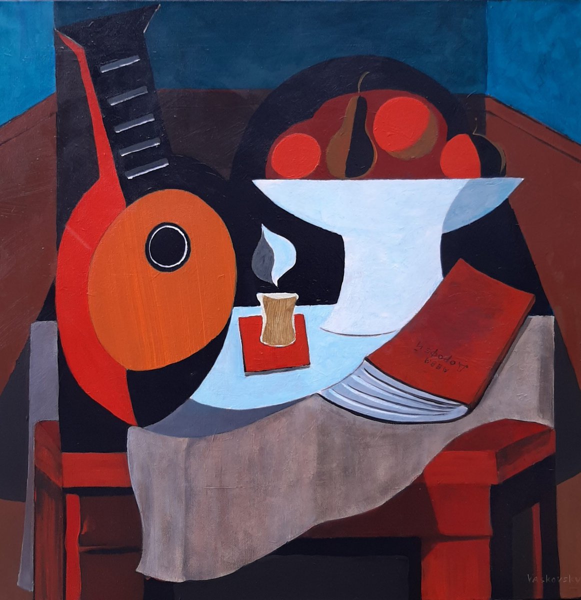 Geometric Still Life Acrylic Painting By Vadim Vaskovsky, 24 X 24", Still Life With Mandoline And Book, Original Artwork