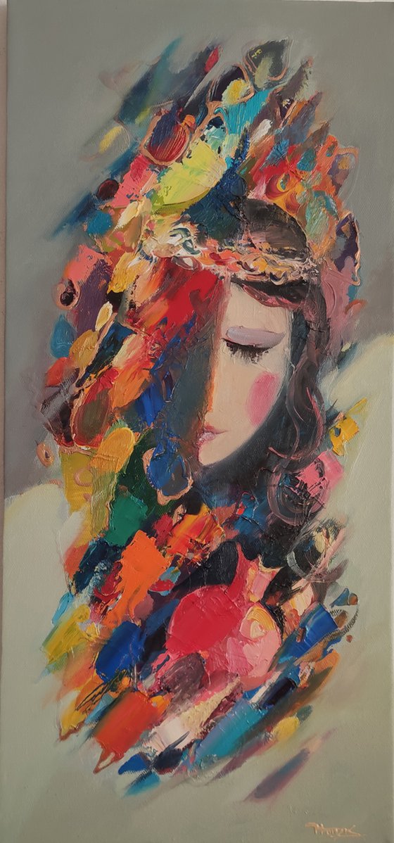 Portrait (28x60cm, oil/canvas, abstract portrait)