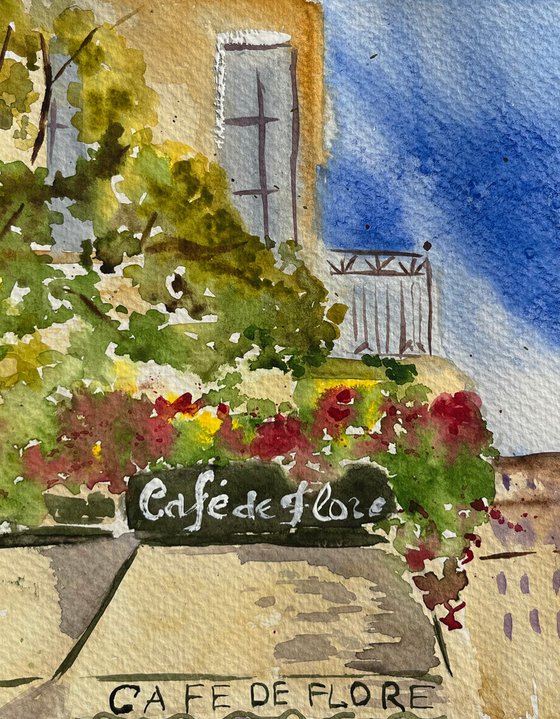 Paris Painting Cafe de Flore Original Art Cityscape Watercolor Europe Artwork Travelling Wall Art 9 by 12,5" by Halyna Kirichenko