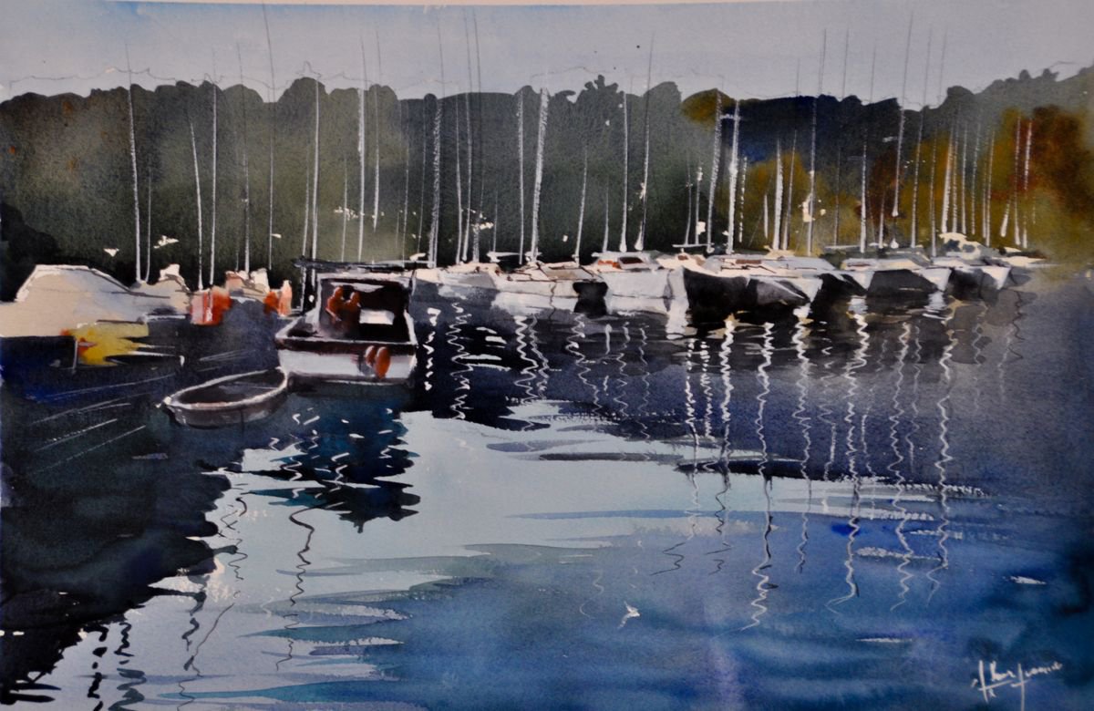 Impressionistic Landscape Watercolour By Flavio Furlan, 21 X 14, Sistiana Porticciolo, Original Artwork