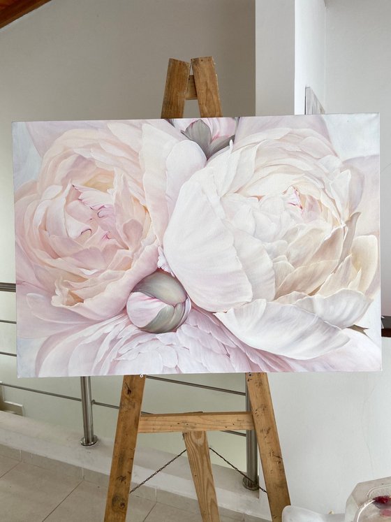 OIL PAINTING WITH WHITE PEONIES "AROMA” 70/100 cm